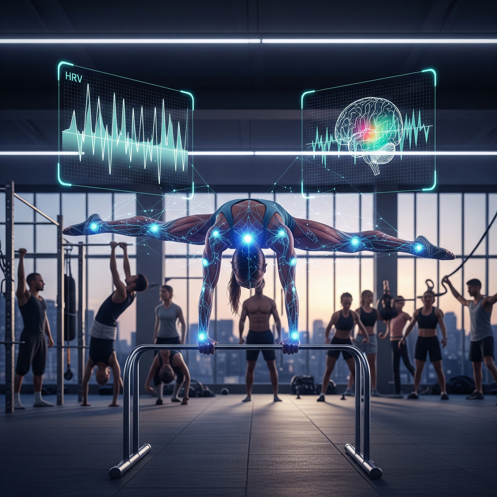 The Future of Calisthenics: Where Neuroscience and Community Meet A woman performs a calisthenics front lever, surrounded by holographic data visualizations of brain activity and heart rate variability, embodying the integration of technology and fitness. In the background, a community of people works out in a modern gym.